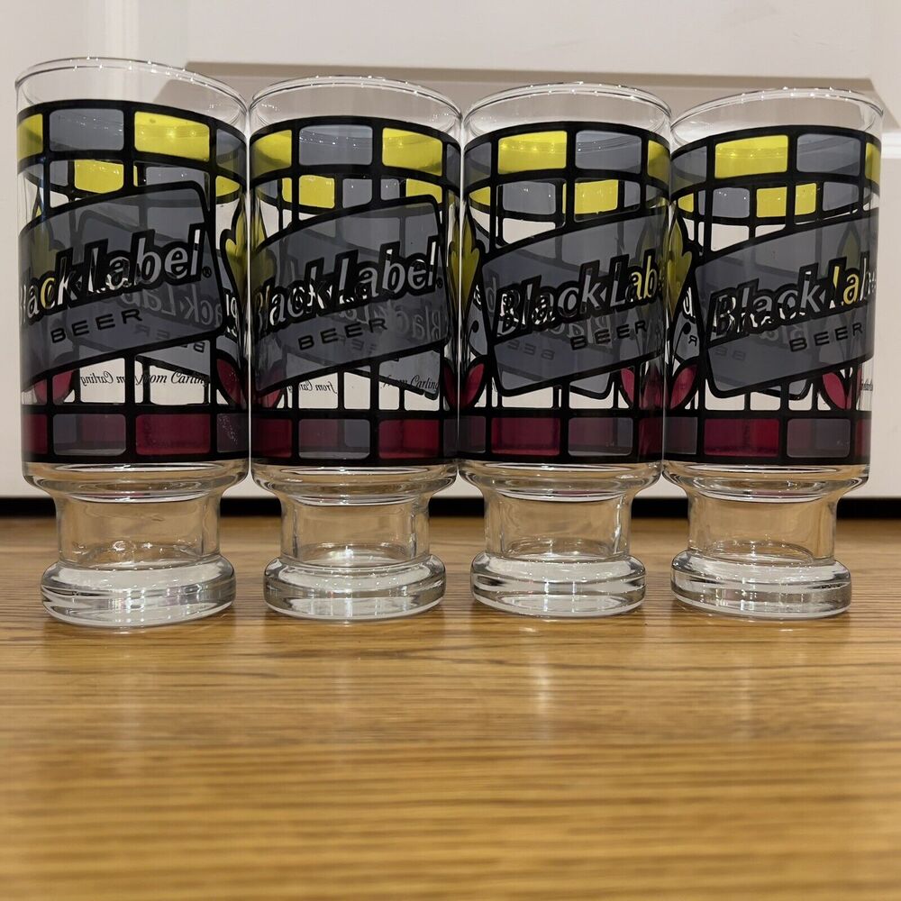 Anchor Hocking Stained Glass Beer Tumbler Black Label‎ Vintage Set Of 4